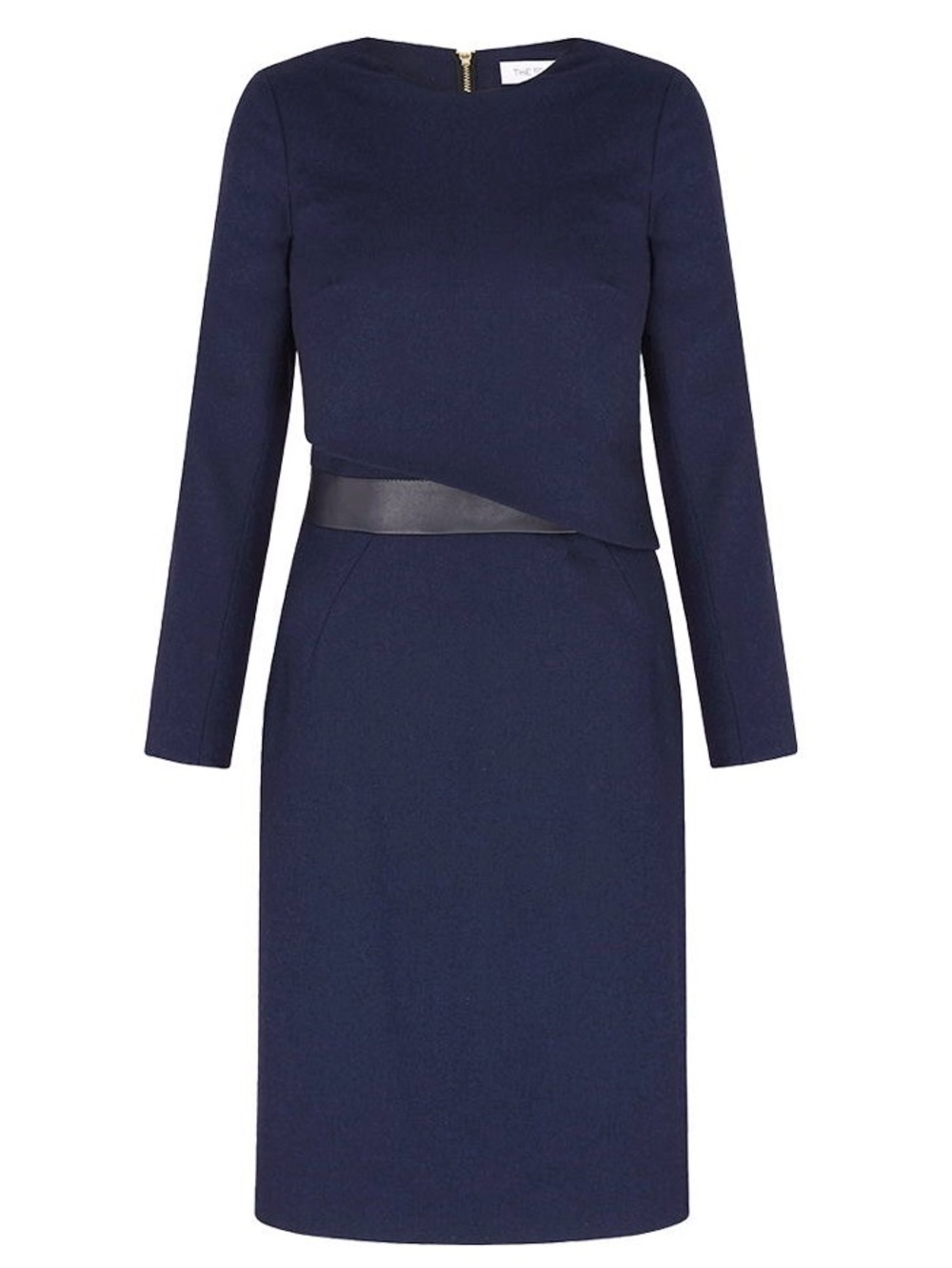 Tailored Navy Long-Sleeve Sheath Dress with Waist Accent